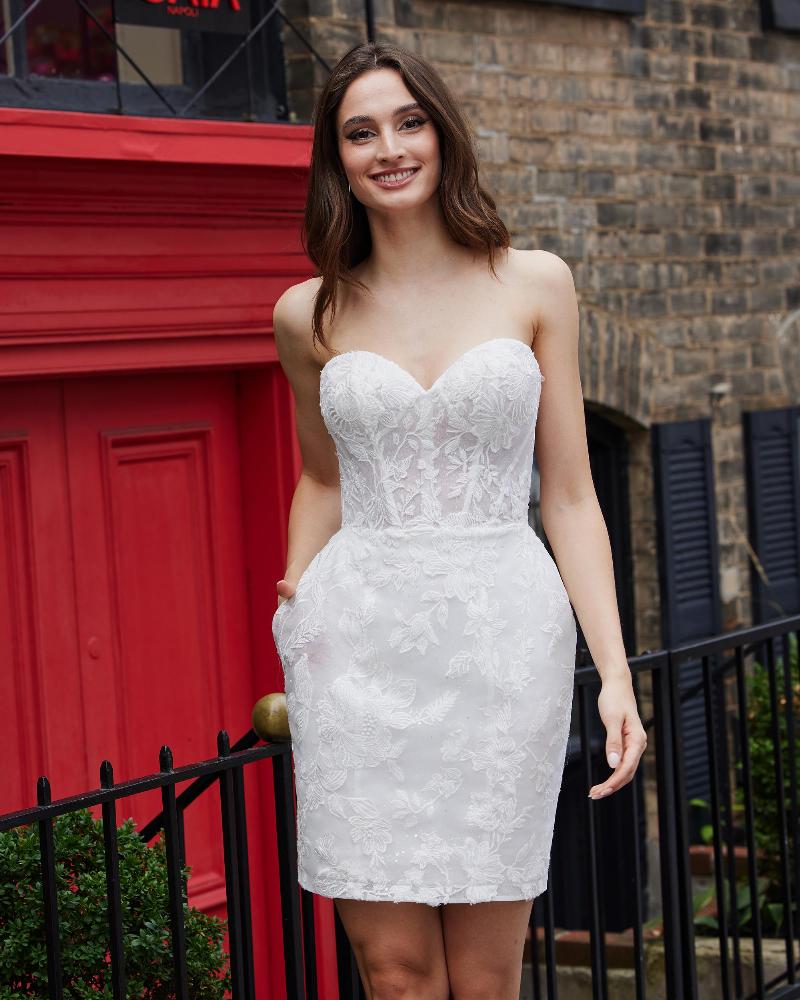 Aa2318 sheath short wedding dress with detachable skirt and strapless neckline3